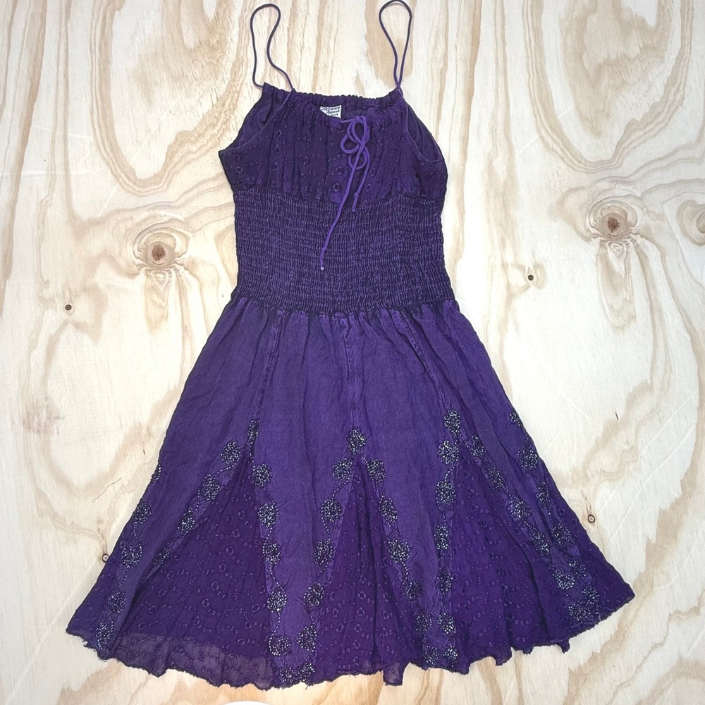 Advance Apparels Purple Fairycore Smocked Pixie Dress Sequin Floral Free Size